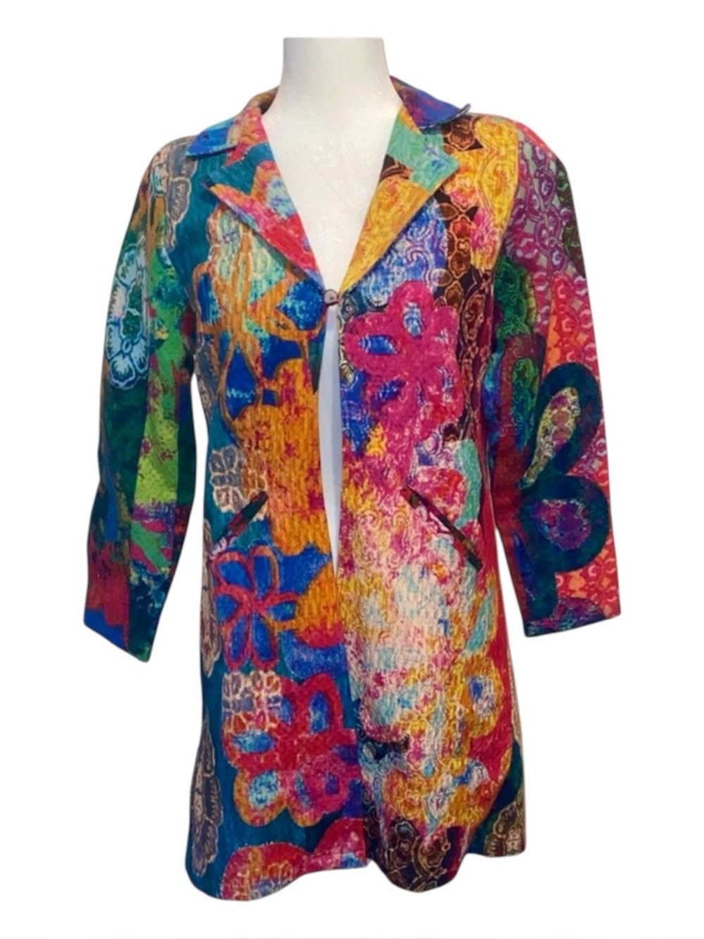 Orientique Art Jacket Boho Patchwork Floral Cotton Lightweight Coat 3/4Sleeve XS